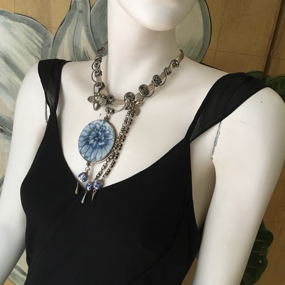 Sterling silver porcelain hanging necklace choker - Picture 2 of 12